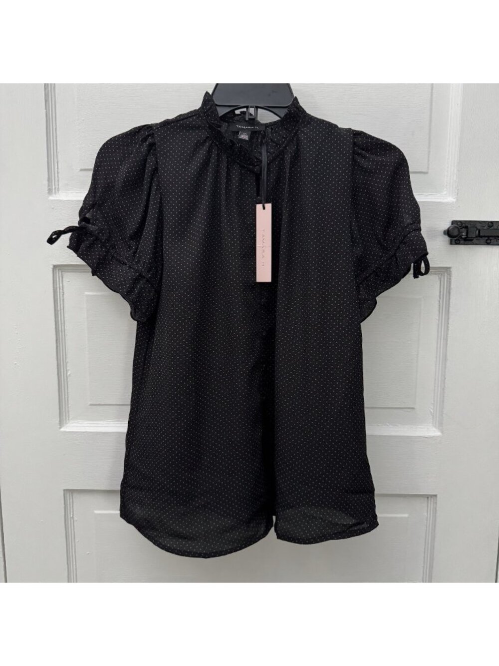NWT Tamara H Black Pink Heart Print Ruffle Tie Puff Sleeve Blouse Small